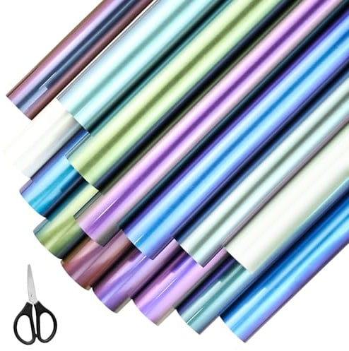 15 Stück Chamäleon Plotterfolie Textil - Chamäleon Flexfolie Plotter Textil, 30.5x20cm Selbstklebend Heat Transfer Vinyl, ewidmet Bügelfolie Plotter mit eine Schere für DIY T-Shirt Puppen Stofftaschen