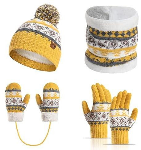 Yoolhamy Kindermütze, Schal, Handschuhe, Set für Mädchen und Jungen, Wintermütze, Schlauchschal, Halswärmer, weiches dickes Fleecefutter, elastische Bommelmütze für Kinder, Weihnachten und