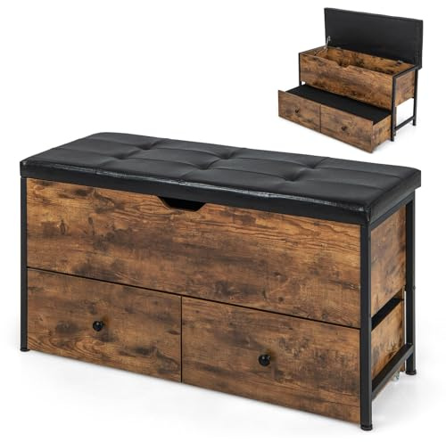 FANTASK Schuhbank mit Sitzfäche, aufklappbare Schuhregal mit Stauraum, Sitzbank gepolstert mit 2 Schubladen, Schutzhüllen, Verstellbarer Fußstützen & Rollen, 150kg Belastbar, 101 x 41 x 58 cm