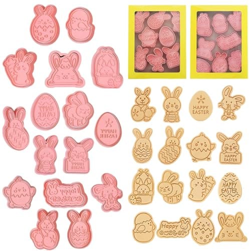 Silikon Ostern Ausstechformen, 16 Stück 3D Plastik Hasen Ausstechformen, Ausstecher Ostern, DIY Ausstecher Osterei, Oster Keksformen Backset, für Plätzchen, Kekse & Deko, inkl. Hasen, Eier & Küken