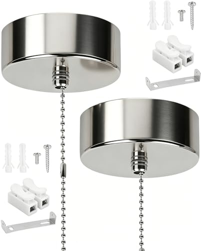 hommova 2 Pcs Bathroom Light Pull Cord, Ceiling Mounted Chrome Plated Round Pendant Light Switch Fitting with Chain 150cm
