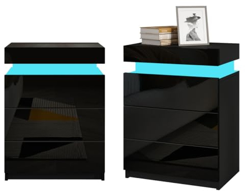 Ikewaier 2er Set Moderner Hochglanz Nachttisch Schrank Kommode mit 3 Schubladen Schlafzimmer Beistelltisch Nachttisch mit 16 Farben RGB LED Lichter Möbel Dekoration 45x35x67cm (Schwarz)