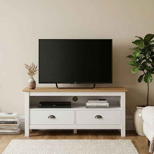 IDIMEX Lowboard Campo 110 cm aus Massivholz, Weiß/Natur - TV Schrank mit 2 Schubladen & offenes Fach für Mediengeräte, Wohnzimmermöbel im Landhausstil, ideal als Flur- oder Wohnzimmermöbel