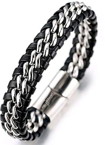 HALUKAKAH ● Solo ● Homme Bracelet en Cuir Véritable de Main Noir avec Double Chaîne Argent Fermoir Magnétique en Titane Acier 8.46(21.5cm) avec le Boîte-cadeau Gratuit