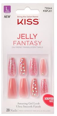 KISS Jelly Fantasy Collection, Be Jelly, Long Length Translucent Sculpted Nails, Includes 28 False Nails, Nail Glue, Nail File, and Manicure Stick