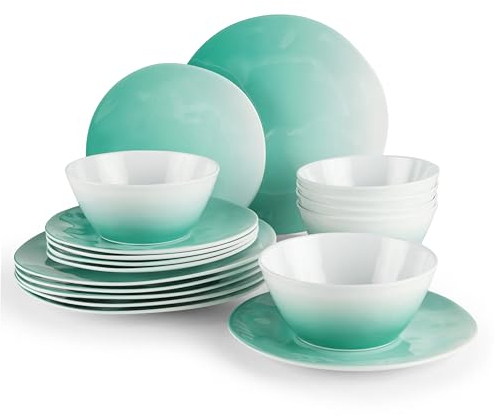 Joviton Home 18-Piece Teal Turquoise Ombre Melamine Dinnerware Sets for 6,Outdoor Plates and Bowls Sets (Turquoise)
