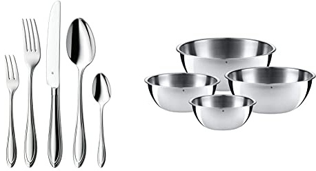 WMF Verona Besteckset, 12 Personen, 60-teilig, Monobloc-Messer & Gourmet Schüsselset 4-teilig, Edelstahl Schüsseln für die Küche 0,75l - 2,75l, Rührschüssel, Salatschüssel, Servierschüssel, Cromargan