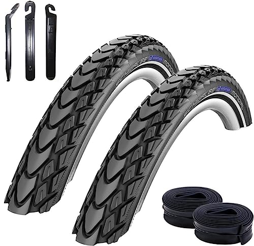 2 x Schwalbe Marathon Mondial Fahrradreifen RaceGuard Pannenschutz mit Reflexstreifen 50-559 (26 x 2,00) + 2 Schwalbe AV13 Schläuche inkl. Reifenheber