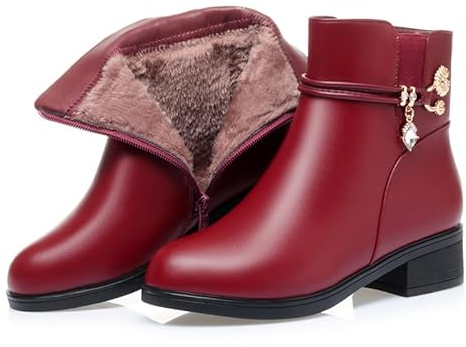 Donna Stivali Inverno in Pelle Peluche Corta Tenere Caldo Pelliccia Comodo Chunky Chelsea Stivali Brevi Taglia 35-42EU (39,Plush Rosso)