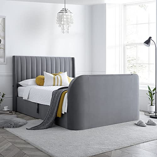 happybeds Velvet TV Bed, Luther Grey Velvet Ottoman Electric Media TV Bed, Double, King, Super King Size (King (U.K. Standard))
