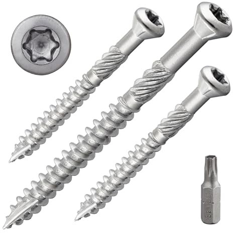Terrassenschraube mit Zierkopf und TX-Antrieb | gehärteter Edelstahl C1 | inkl. 1 x S2-Bit | Schaftfräser + Cutspitze | unterkopfverstärkt mit Fräsrippen | mit ETA-Zulassung | 5 x 80 mm, 100 Stück