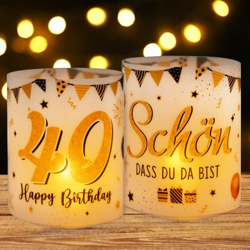 BETESSIN 12 Windlicht Tischdeko Geburtstag 40 Happy Birthday Teelichter Lichthülle Schön DASS du da bist Mini Kerzen Deko Gold Schwarz Geburtstagsdeko Teelichter Kerzen Dekoration Geschenkidee