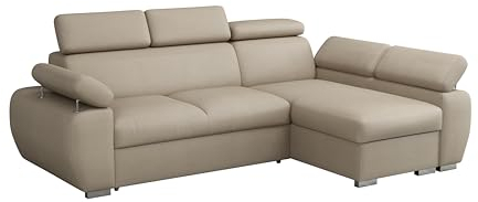 MEBLE-LUX - Ecksofa OTTO, Eckcouch mit Schlaffunktion, Federkern, Verstellbare Kopfstützen, Einfacher Klappmechanismus, Bettfunktion, Zusätzlicher Stauraum, Plüsch Beige, Rechts