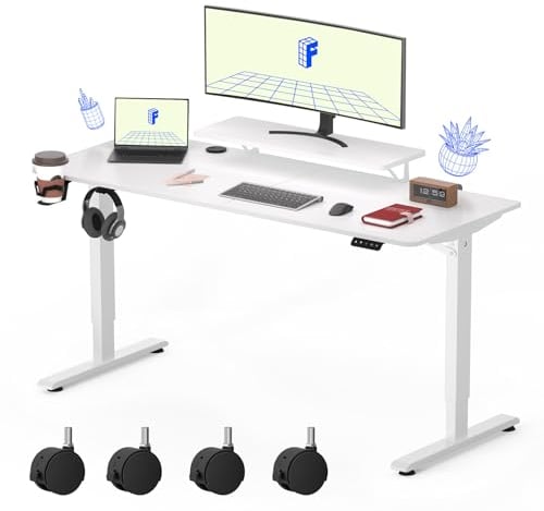 FLEXISPOT Electric Height Adjustable Desk,Standing Desk, Ergonomic Desktop, with Monitor Shelves, Standing Computer Desk, Easy Assembly, Home Office Storage Function (WHITE,140 * 60)