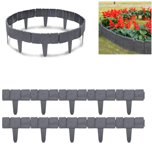 LILIIN Steinoptik Rasenkante Kunstoff 2,5m Beeteinfassung PP Beetumrandungen mähkante dekorative Beetumrandung Rasenkante Gartenpalisade Beetzaun für den Garten, 1 Element BxHxT: 25x23x1 cm, Anthrazit