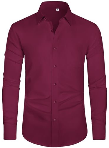 J.VER Men's Long Sleeve Shirts 4-Way Stretch Wrinkle Free Formal Dress Shirt Business Casual Wedding Work Button Down Shirts with Pocket Burgundy M