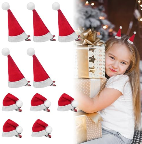 LPAMABA 10 Stück Mini Weihnachten Haarspangen Weihnachtsmütze Haarklammern Rot Santa Hut Haarschmuck Santa Hat Weihnachten Kopfschmuck für Mädchen Damen