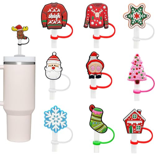 EIHI 10PCS Couvertures de paille de Noël pour stanley cup, Bouchon de Paille en Couvertures de paille de Noël pour boissons Manches de paille pour gobelets Décoration de fête de Noël