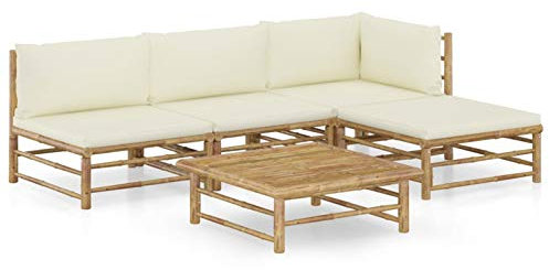 Buzaza 5-TLG. Garten-Lounge-Set mit Cremeweißen Kissen Balkon MöBel Set Lounge MöBel Outdoor Garten LoungemöBel Set Bambus