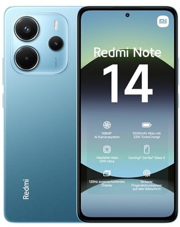 Xiaomi Redmi Note 14 Smartphone, 8 + 256GB, Blue, 108MP AI-Kamerasystem, 5500mAh Akku, 120Hz Augenschutzdisplay, AI-Funktionen (kein Ladegerät enthalten)