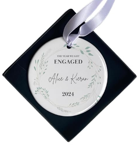 Personalised Engagement Christmas Decoration, Newly Engaged Couple Keepsake, 1st Xmas Bauble, Ceramic Tree Ornament with Gift Box