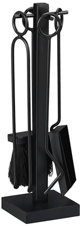 Relaxdays Set da 5 Attrezzi da Camino o Stufa, Attizzatoio, Pala, Scopino, Pinza e Supporto Porta Utensili, Ferro, Nero