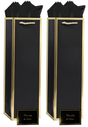 2 Pack Black Wine Gift Bags with Tissue Paper and Cards, Bottle Gift Bag with Handle Wine Tote Bag