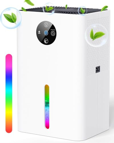 Dehumidifier for Basement, Quiet Dehumidifiers for Home with Auto Shut Off, Auto Defrost, Timer, Sleep Mode, 7 Color Light Portable Small Dehumidifier for Bedroom, Bathroom, Closet, RV - White