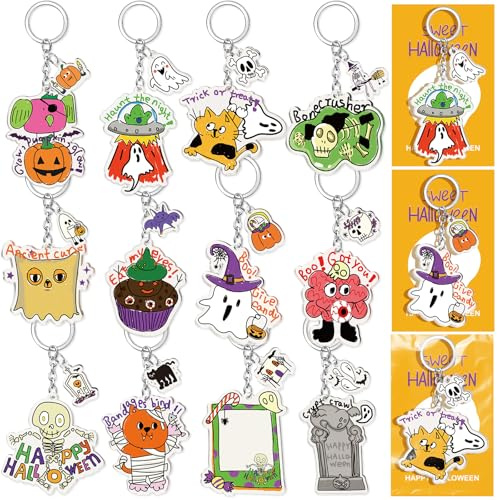 Toyssa Lot de 12 Llaveros Halloween avec Cartes, Porte-clés Originaux, Halloween Regalos Cumpleaños Niños Colegio Detalles Cumpleaños Niños