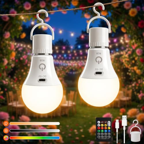 Ketom RGB Aufladbare Glühbirne E27, Glühbirne mit Fernbedienung Dimmbar | 2 Stück Wiederaufladbare Glühbirne Outdoor, 3 Farben, Touch, Glühbirne mit Batterie und Timer, USB Akku Glühbirne Aufladbar