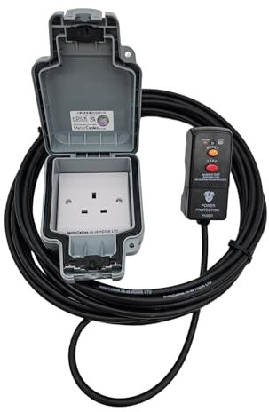 10m Black Outdoor Extension cable RCD to 13A IP66 mains socket for pressure washer, water feature outdoor electric hookups