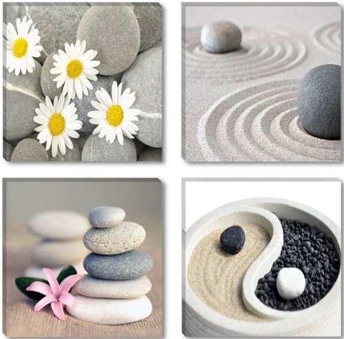 Visario Leinwandbild Zen Steine Gänseblümchen Yin Yang 60x60 cm 4-teilig je 30x30 cm 6607 Grau Beige Weiß Wandbild Wellness Meditation Feng Shui fertig aufgespannt auf Holzrahmen