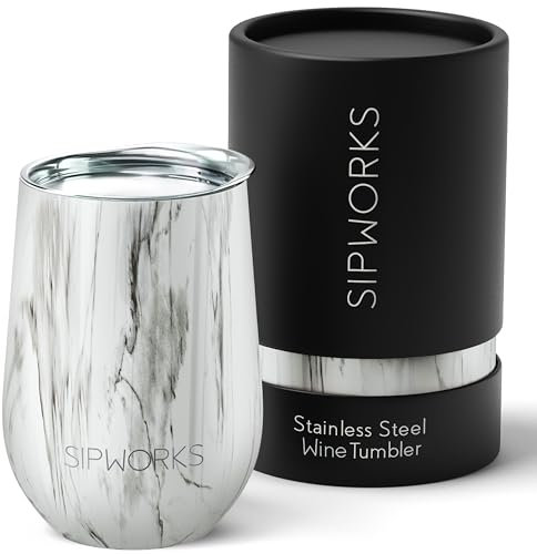Sipworks Wine Tumbler with Lid - 12 oz Stainless Steel Insulated Wine Tumbler – Portable Spill Resistant Stemless Travel Wine Glass & Cocktail Cup - White Marble