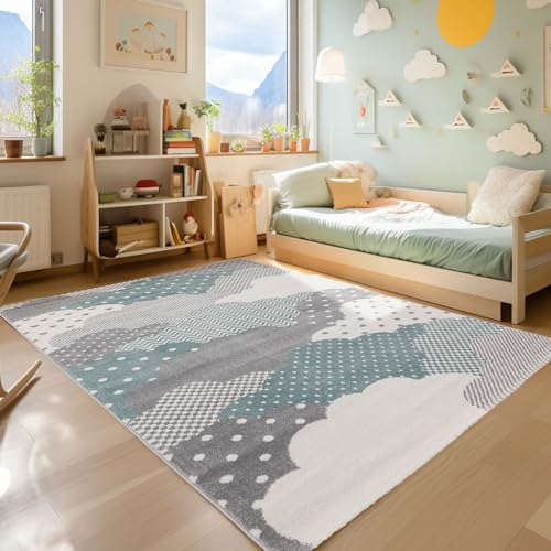 SIMPEX Kinderteppich Wolken Design, Teppich Blau, 160 x 230 cm, Teppich für Kinder, Kinderzimmer