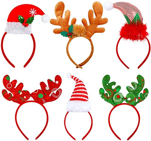 KAHEIGN 6Pcs Weihnachtself Hut Weihnachten Stirnband Kopfschmuck, Rentiergeweih Haarreif Weihnachtsmütze Weihnachten Kopfbedeckung für Weihnachtsfeier Kostüm Party
