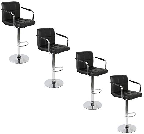 Barhocker 4er Set in Kunstledersitz, Barhocker mit Armlehnen, 360° drehbar und verstellbar (4, Schwarz)