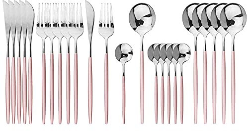 JASHII Set di posate da 24 pezzi, set di posate in acciaio inox, set di posate in argento rosa, moderno ed elegante set di stoviglie per feste, Natale, cena (rosa argento)
