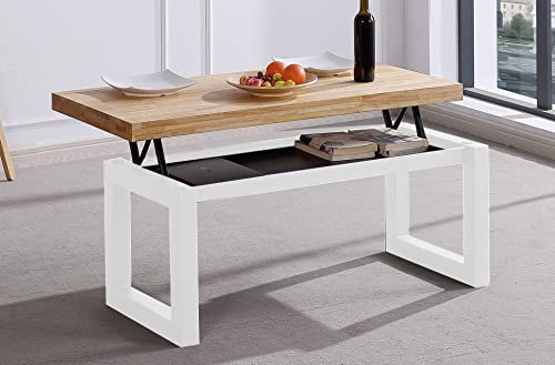 PEGANE Table Basse relevable en Bois Coloris chêne Nordique/Pieds Blanc -Longueur 120 x Profondeur 60 x Hauteur 47 cm