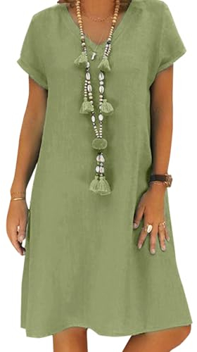 Women's Dress Summer Linen Dresses Casual V Neck Midi Dress Short Sleeve A-line Dress Sundress Tunic Dress Without Accessories (A Green, 3XL)