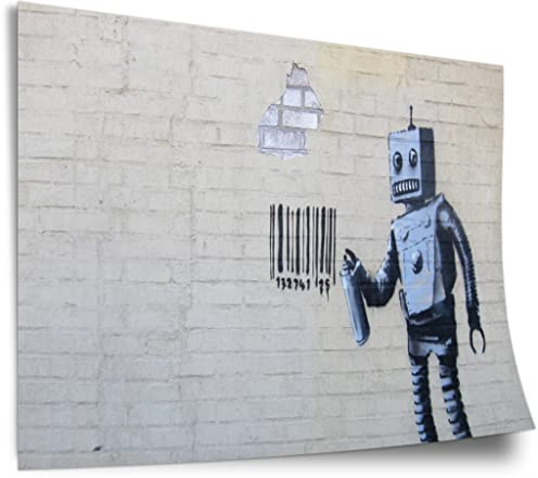 Poster aus Baumwolle Banksy - Roboter Robot sprüht Bar-Code auf Wand Graffiti-Wandbild cool stylisch modern urban Kunstdruck ohne Rahmen, Wandbild - A4, A3, A2, A1, A0, XXL - Wohnzimmer, Schlafzimm..