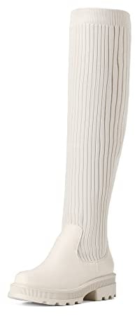 DREAM PAIRS Damen Over-The-Knee-Stiefel Oberschenkelhohe Frau Stiefel Gestrickter Schaft Langlebiges TPR,Size 41,Beige,SDOB2201W-E