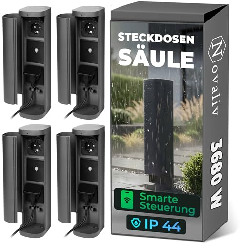 Novatool 4x Gartensteckdose Funk 2-fach Anthrazit SMART WIFI APP IP44 Steckdose rund Aussen Gartensteckdose Outdoor Steckdosesäule Garten Steckdosenturm