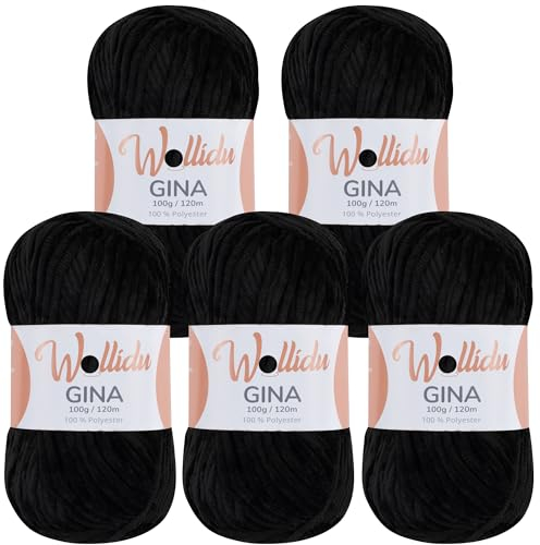 Wollidu Gina Chenille Garn zum Stricken und Häkeln 5 x 100g/120m Set 100% Polyester - Schwarz
