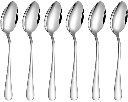 Dessert Spoon Set of 6 Stainless Steel Classic Bead Teaspoons Dessert Spoon Stainless Steel Teaspoons Mirror Finish Modern Design with Scalloped Edge Used in a Home Kitchen or Dining Room