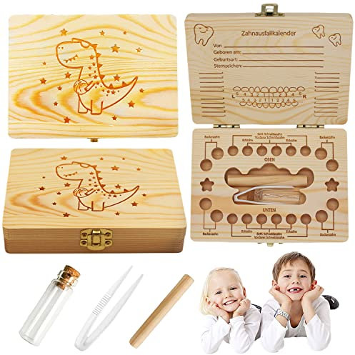HIQE-FL Zahnbox aus Holz,Milchzähne Box, Zahndose für Milchzähne, Milchzahndose, Zahndöschen für Kinder, Milchzahnbox, Zahnschachtel, Zahnbox für Geschenk (Rechteck Dinosaurier)