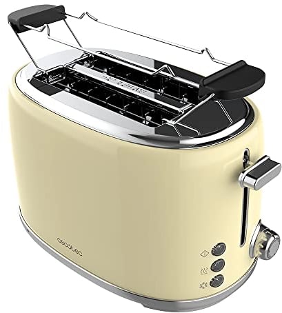 Cecotec Toast&Taste 1000 Retro Double Beige 2-Slice Toaster. 980 W, 2 Wide and Short Slots of 3.8 cm, Stainless Steel, Upper Heating Rods, Adjustable Power, Crumb Tray