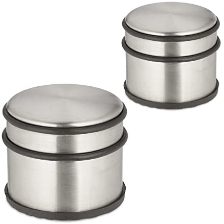Relaxdays Türstopper Edelstahl, 2er Set, HxD: 7,5 x 9 cm, hoch & schwer, rutschfest, Türzuschlagbremse, silber/schwarz