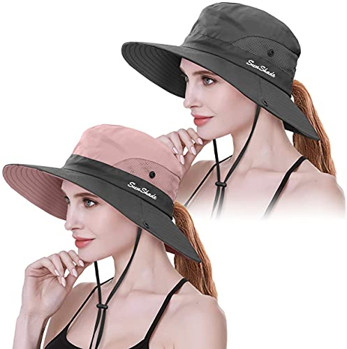IYEBRAO 2 Stück Pferdeschwanz Sonnenhut Damen-UV Schutz Breite Krempe Sommerhut mit Nackenschnur-Sonnenschutzhut Strandhut Fischerhut Anglerhut Gartenhut Wanderhut Outdoor Hut (Rosa+Grau, 2 Stück)