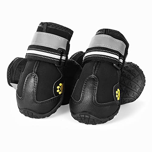 HonGien 4 Stücke Pfotenschutz Hundestiefel, Schwarze Schuhe für Mittlere und Große Hunde, mit Starken, Rutschfesten Sohlen und Reflektierenden Streifen (4#)