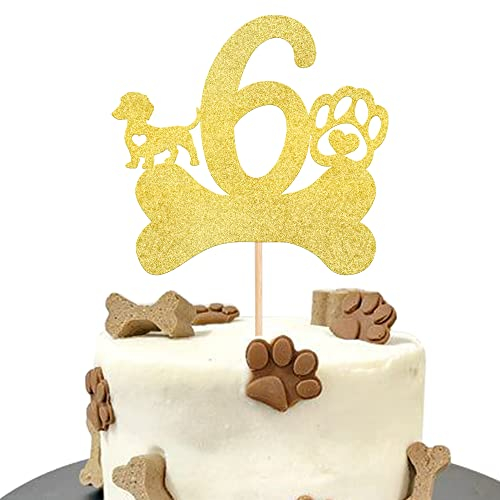 Xsstarmi 1 Pack Dog 6th Birthday Cake Topper Gold Glitter Dog Birthday Cake Pick Dog Paw Six Year Old Birthday Party Cake Decorations for Puppy Dog Cake Topper for Boys Girls 6th Birthday Party